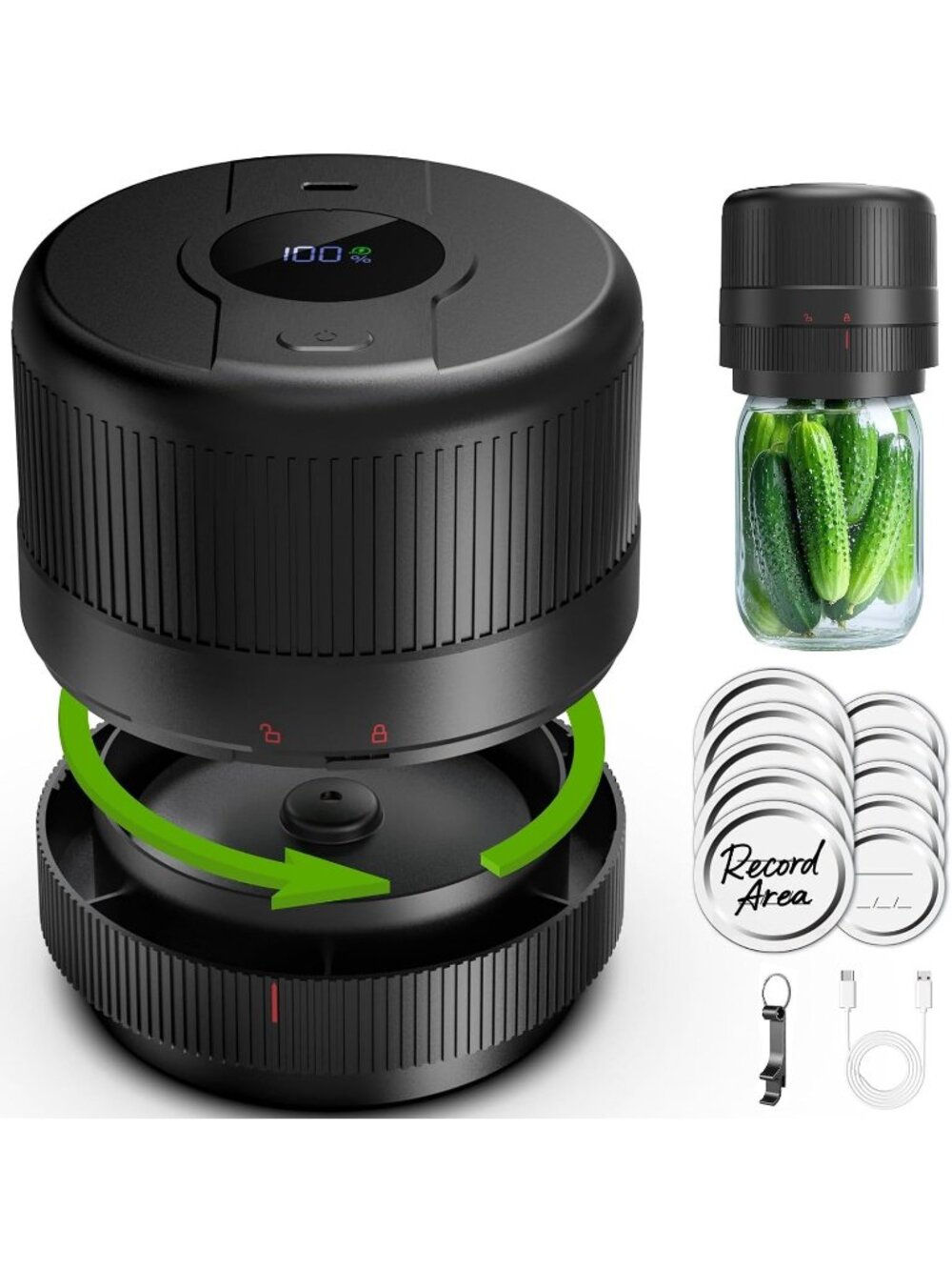 Electric Mason Jar Vacuum Sealer LED Display Wide & Regular Mouth Accessories